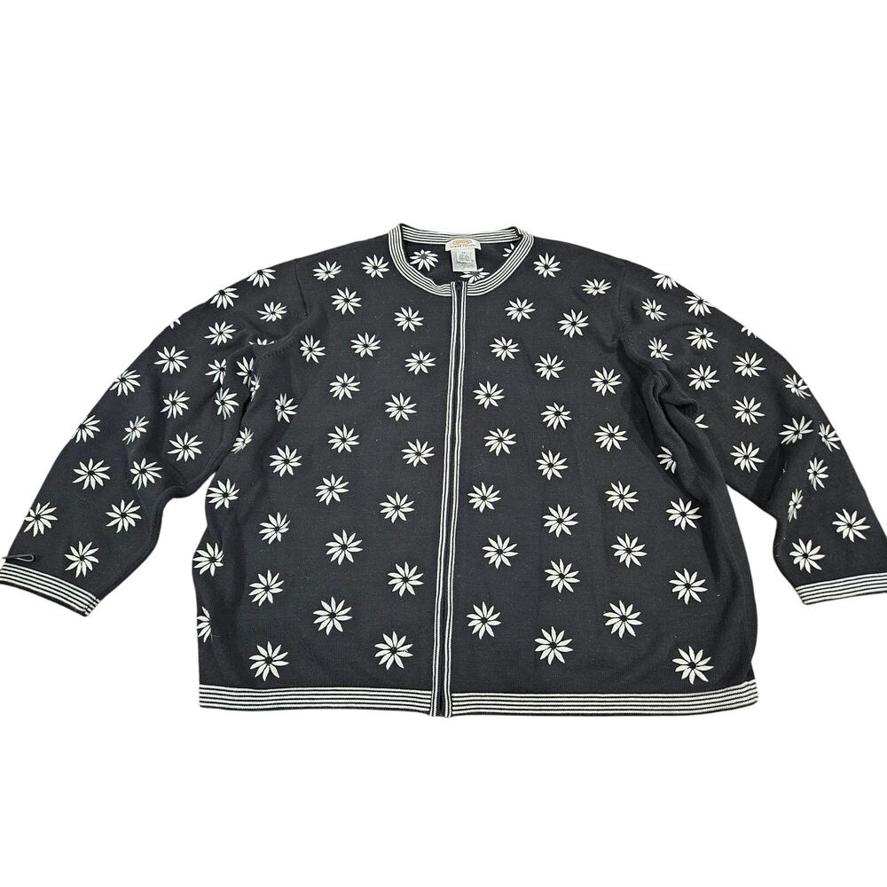 Talbots Petite Black White Embroidered Floral Zip Cardigan Jacket Womens 2X